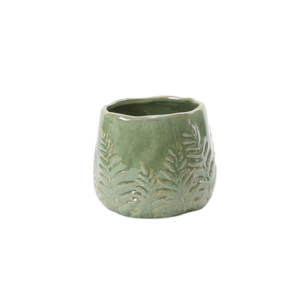 GREEN REACTIVE CERAMIC BOWL WITH FERN PRINT 6"X5"