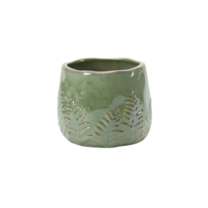 GREEN REACTIVE CERAMIC BOWL WITH FERN PRINT 6.9"X5.8"X5.3"